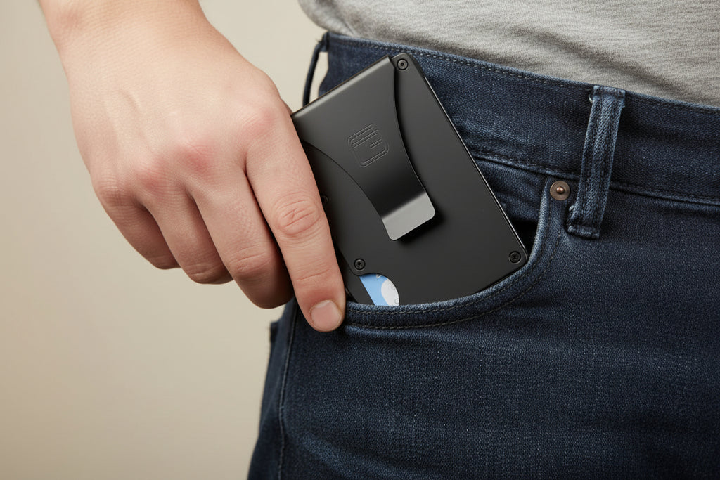 Black wallet on a light gray background