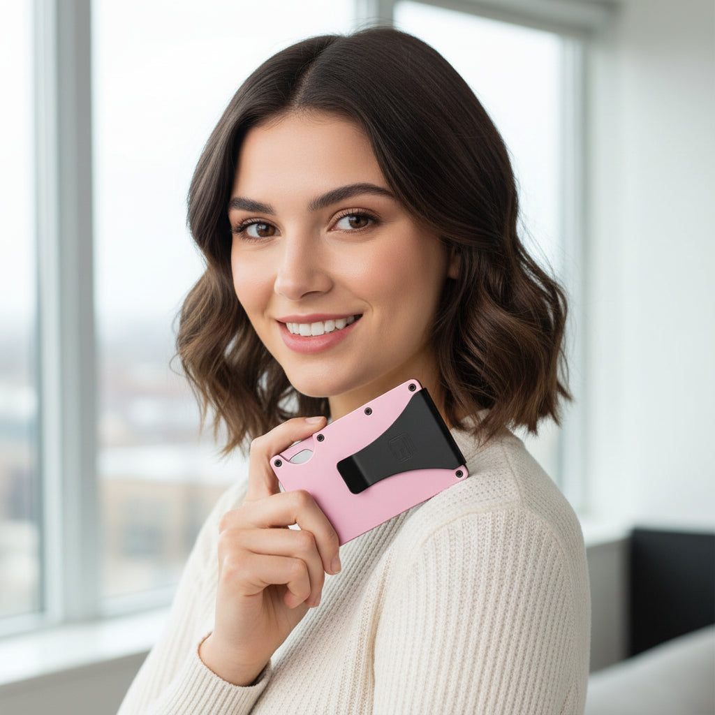 Pink wallet with black interior on a white background